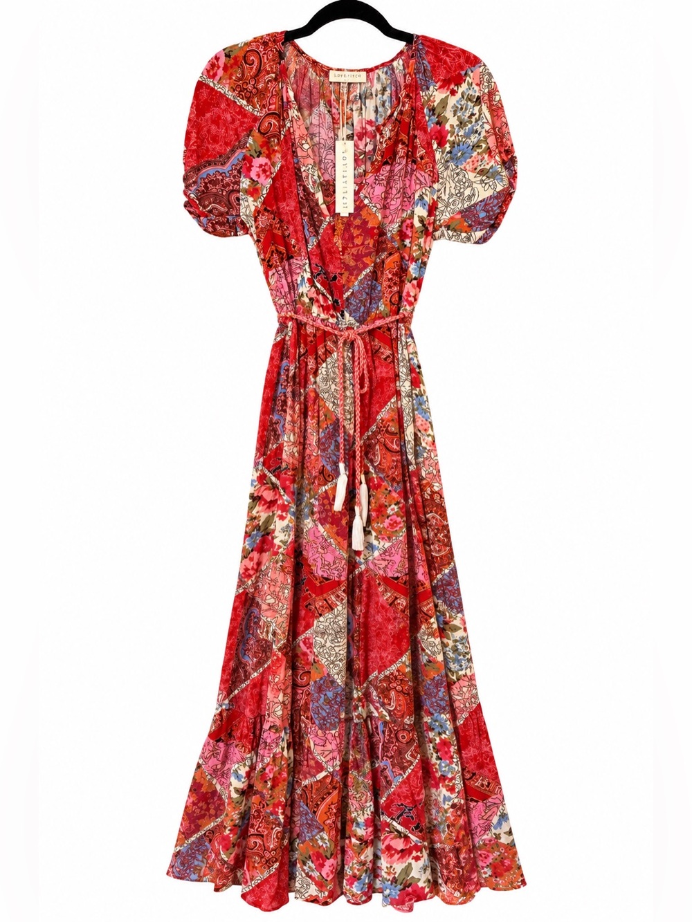 NWT - Lovestitch Red Patchwork Paisley Maxi Dress with Front Slit and Tie Waist